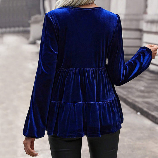 Damen samtiges Volant‑Peplum‑Top mit V‑Ausschnitt, geraffter Taille und langen Ballonärmeln Eichborn Berlin