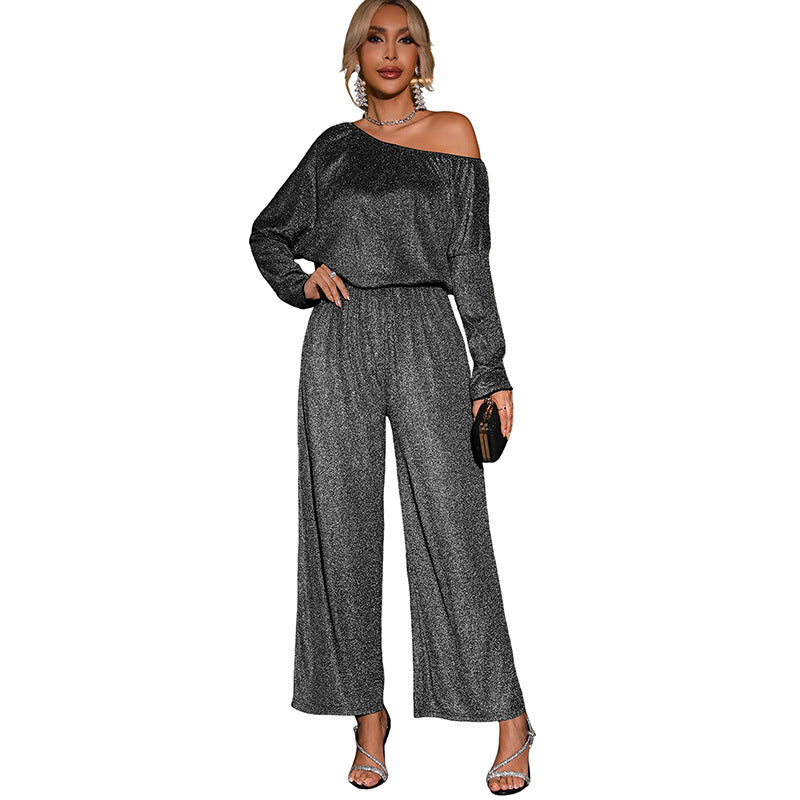 Damen Eleganter Glitzer-Einteiler mit One-Shoulder, weitem Hosenbein und tailliertem Gummibund EB