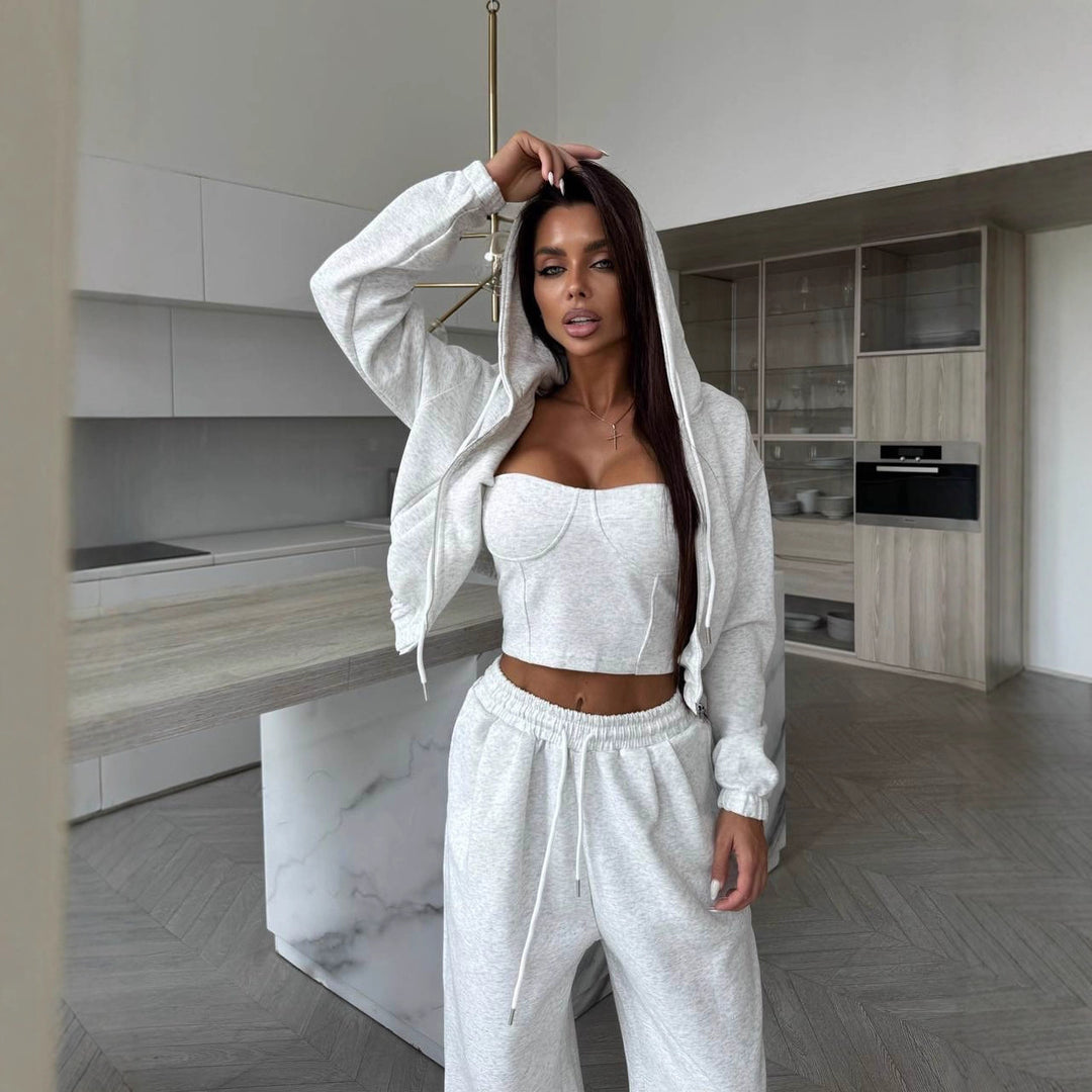 Damen Sculpting-Corsagen-Crop mit Kapuzen-Zipjacke und weiter High-Waist-Jogginghose EB