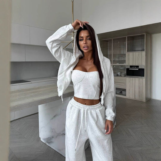 Damen Sculpting-Corsagen-Crop mit Kapuzen-Zipjacke und weiter High-Waist-Jogginghose EB