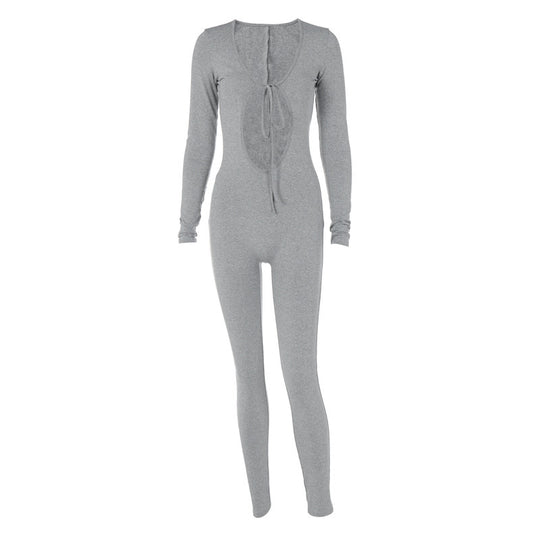 Damen Figurbetonter Langarm-Jumpsuit mit herzförmigem Ausschnitt und schnürbarem Detail EB