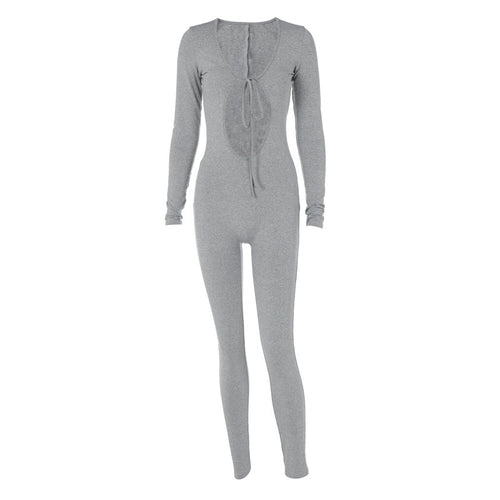 Damen Figurbetonter Langarm-Jumpsuit mit herzförmigem Ausschnitt und schnürbarem Detail EB