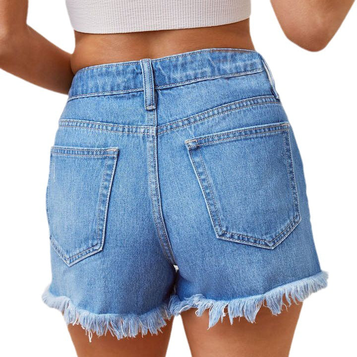 Damen Hohe Taille Denim-Shorts mit ausgefransten Säumen und Destroyed-Effekten EB