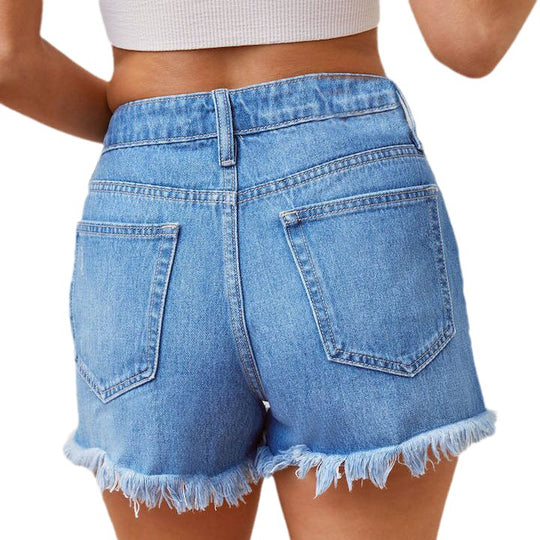Damen Hohe Taille Denim-Shorts mit ausgefransten Säumen und Destroyed-Effekten EB