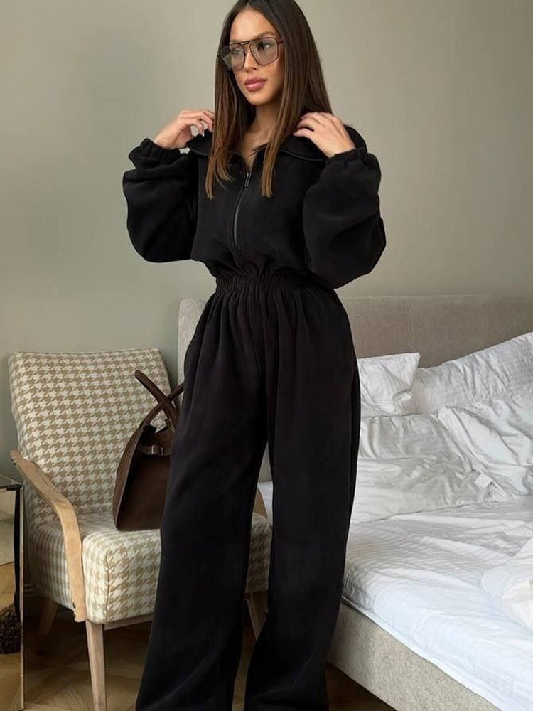 Damen kuscheliger Plüsch-Jumpsuit mit halbem Reißverschluss und elastischer Taille EB