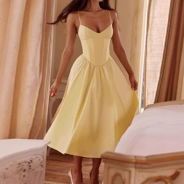Damen Elegantes A-Linien Midi-Kleid mit Spaghettiträgern und weichem Stoff EB