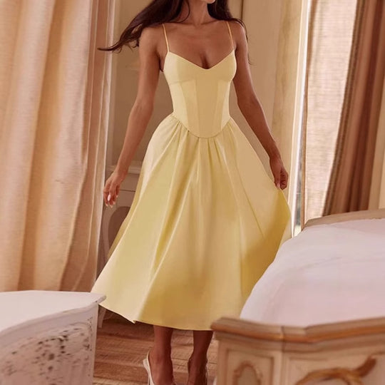 Damen Elegantes A-Linien Midi-Kleid mit Spaghettiträgern und weichem Stoff EB