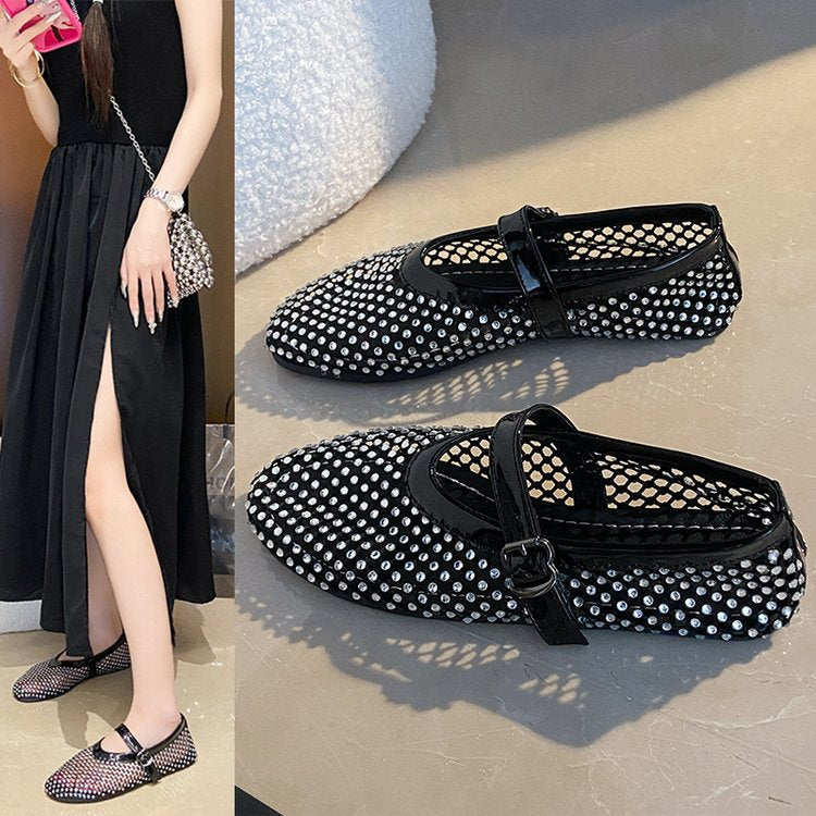 Damen Ballerinas mit strassverzierten Details und Riemchenverschluss EB
