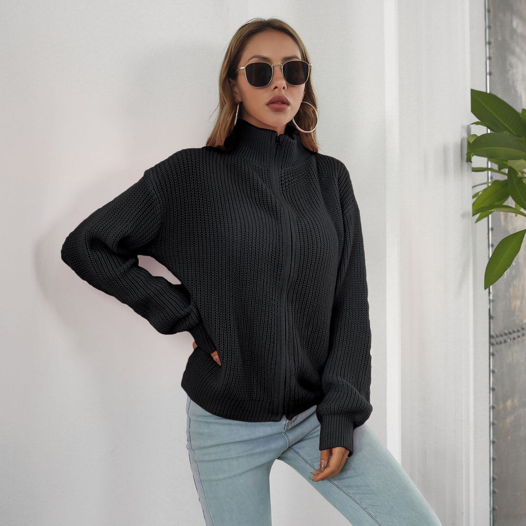 Damen lässiger Strickpulli mit hohem Kragen und Reißverschluss EB