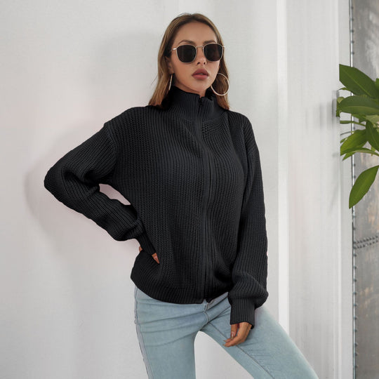 Damen lässiger Strickpulli mit hohem Kragen und Reißverschluss EB