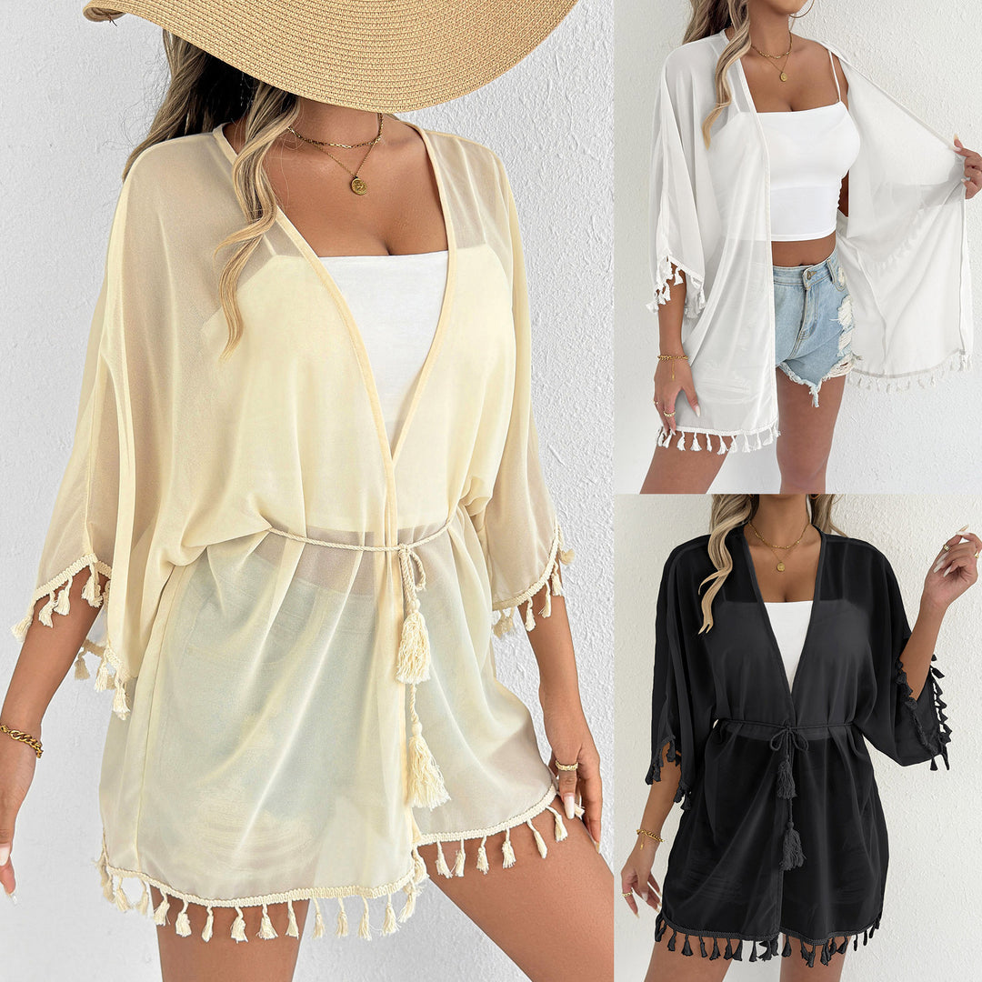 Damen eleganter Strandponcho mit Quasten EB
