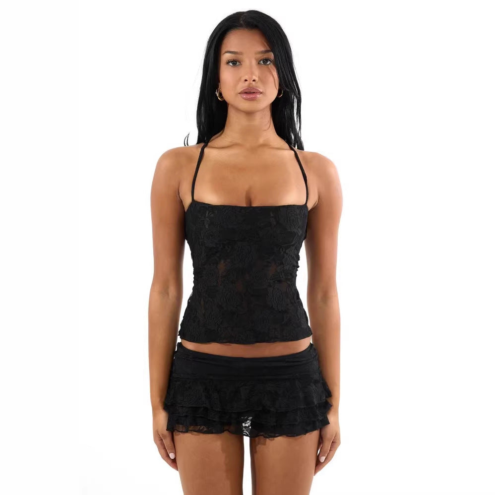 Damen Spaghetti-Träger Crop-Top mit Spitzenmuster EB