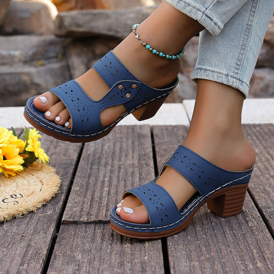 Damen Bequeme Holz-Blockabsatz-Sandaletten mit atmungsaktivem Design EB