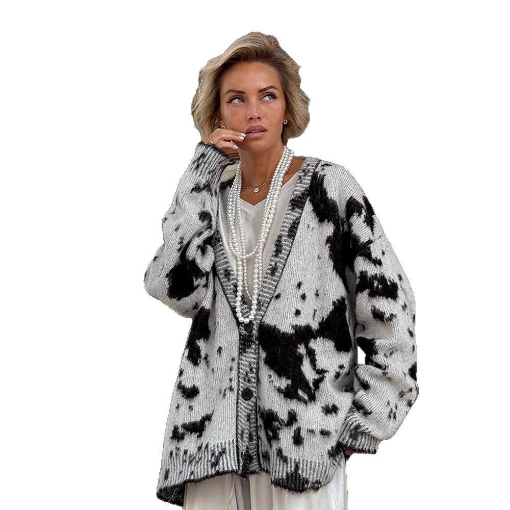 Damen lässiger Cardigan mit modischem Fleckenmuster EB