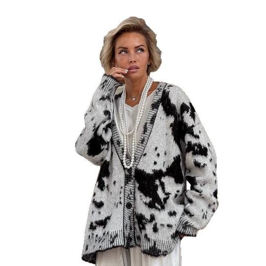 Damen lässiger Cardigan mit modischem Fleckenmuster EB