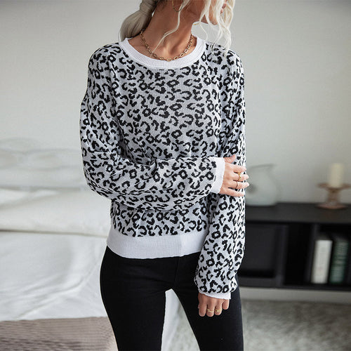 Damen Gemusterter Strickpullover mit Leopardenmuster EB