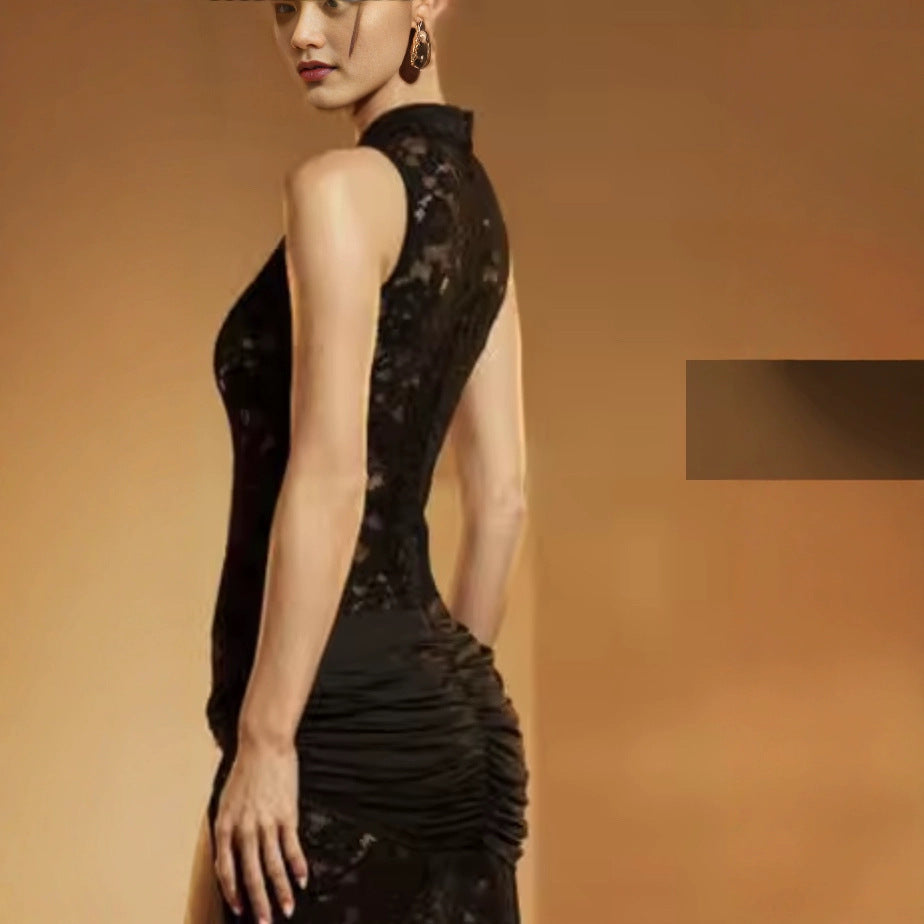 Damen Spitzenkleid mit tiefem V-Ausschnitt und sexy Schlitz EB