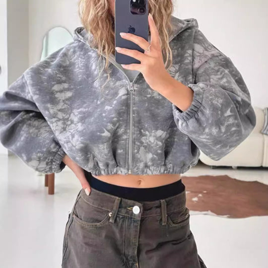 Damen nan kurzes Zip-Hoodie mit Used-Effekt, Kapuze und elastischem Saum EB