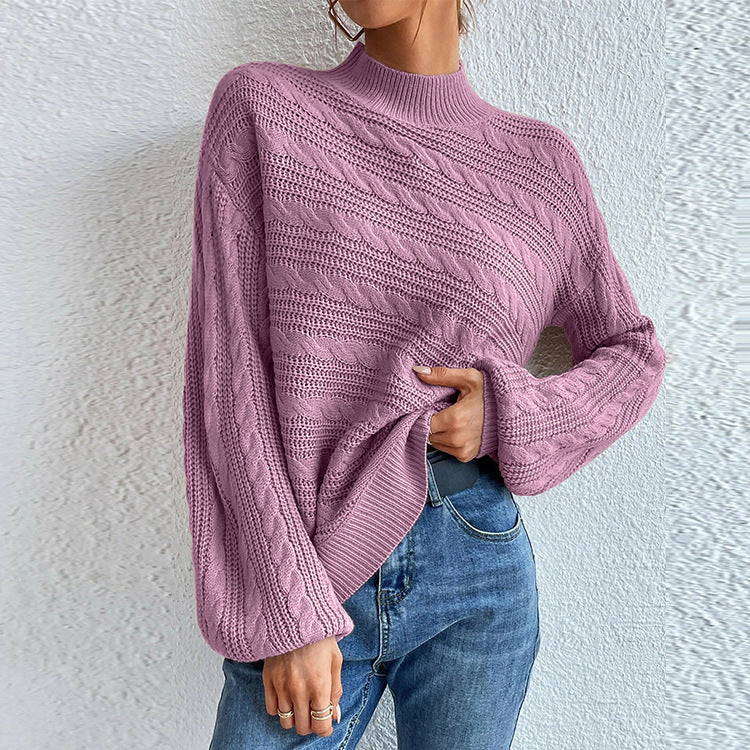 Damen Strickpullover mit hohem Kragen und dekorativem Zopfmuster EB