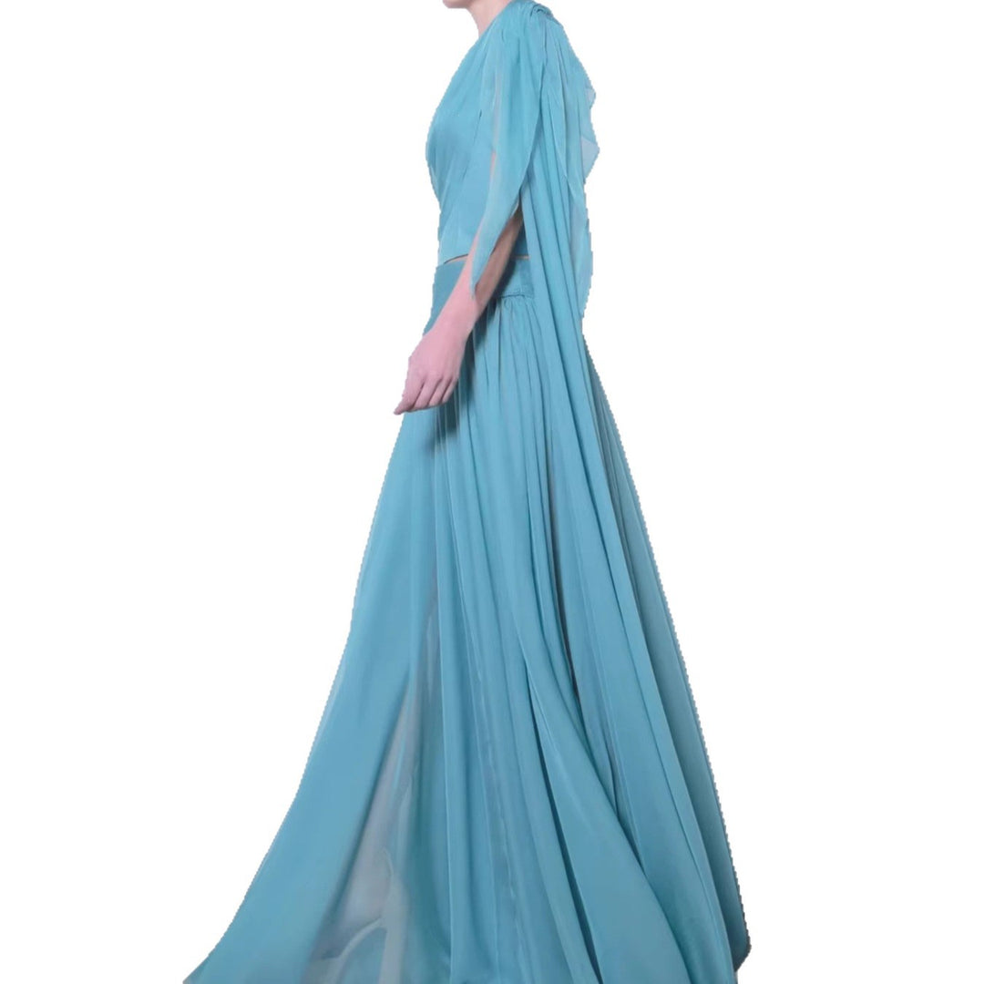 Damen Maxi-Kleid mit asymmetrischem Ausschnitt und fließendem Stoff EB