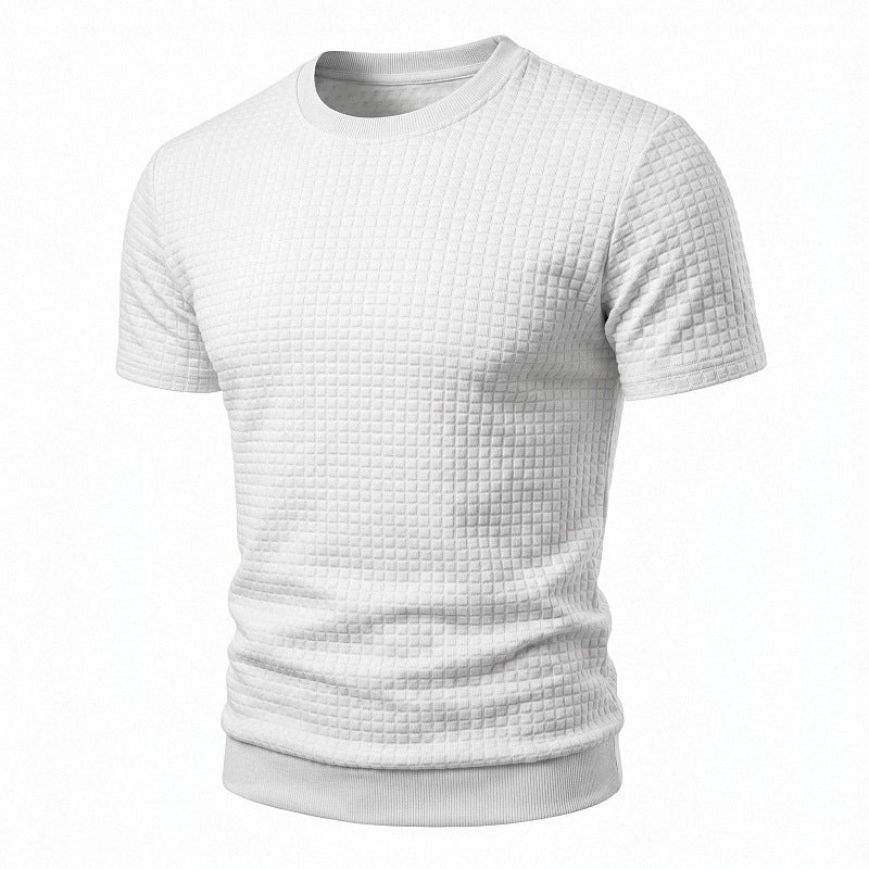 Herren nan kurzärmeliges Strickshirt mit geprägter Karostruktur, Rundhalsausschnitt und geripptem Saum EB