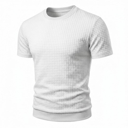 Herren nan kurzärmeliges Strickshirt mit geprägter Karostruktur, Rundhalsausschnitt und geripptem Saum EB
