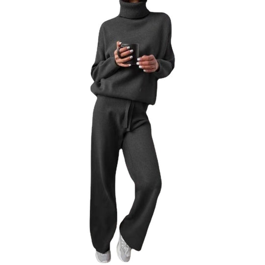 Damen elegantes Strick-Loungewear-Set mit hohem Kragen und weitem Bein EB