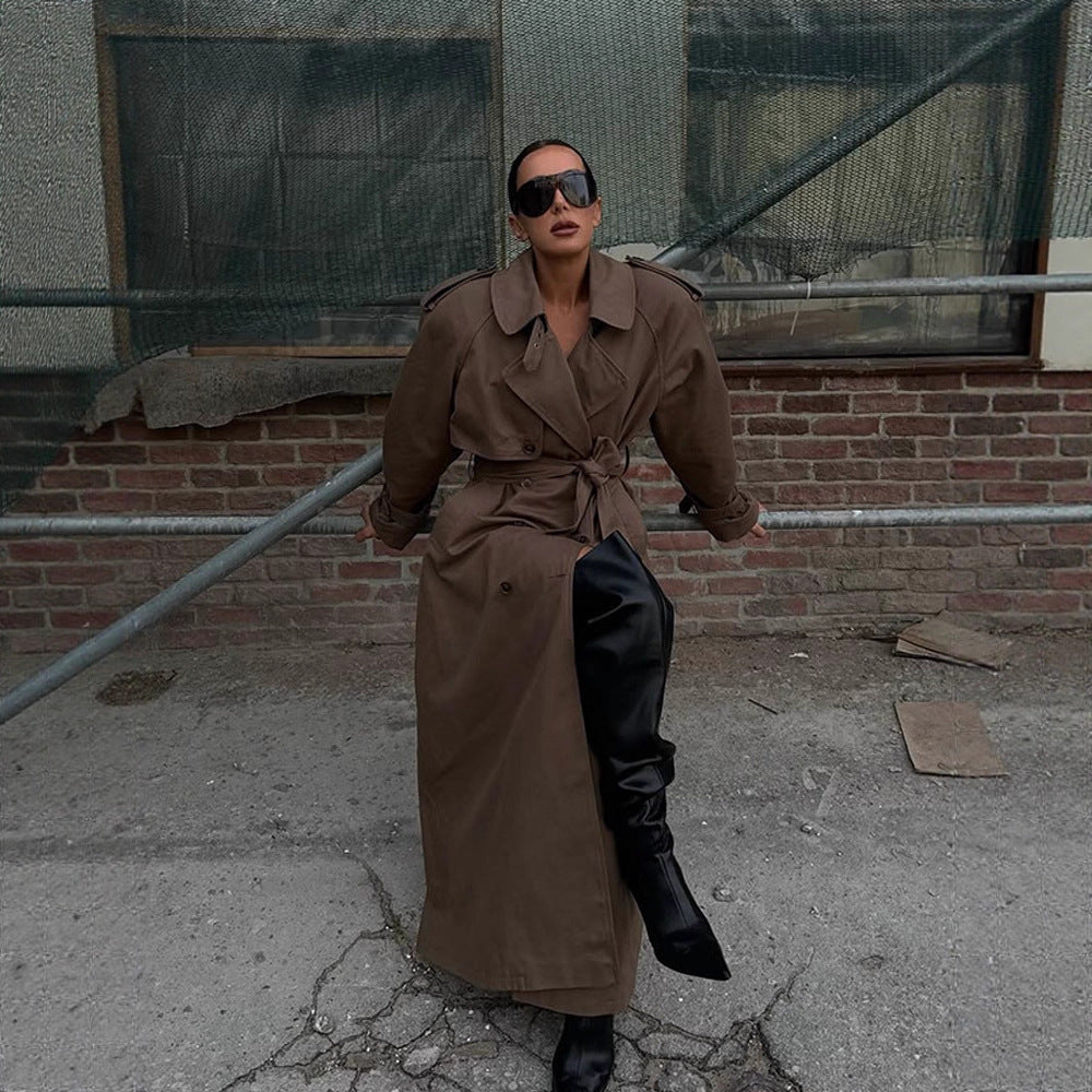 Damen eleganter Trenchcoat mit Taillengürtel und hochgeschlossenem Kragen EB