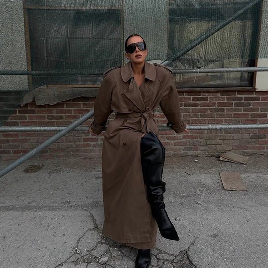Damen eleganter Trenchcoat mit Taillengürtel und hochgeschlossenem Kragen EB
