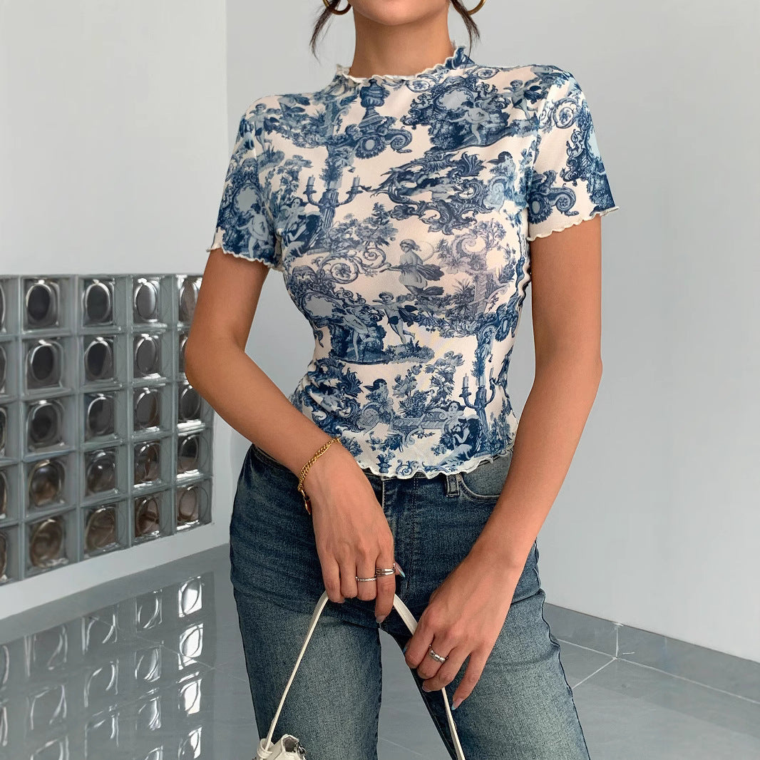 Damen nan figurbetontes kurzärmliges Netzshirt mit Stehkragen und romantischem Landhausdruck EB