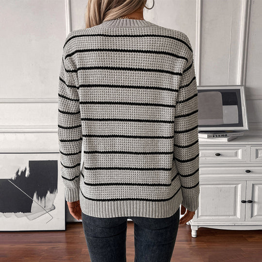 Damen lässiger Strickpullover mit breitem Streifenmuster EB