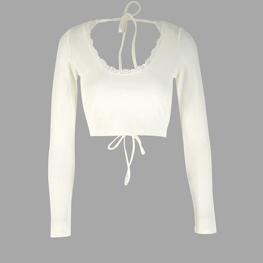 Damen Crop-Top mit Rüschendetails und Rückenbindung EB