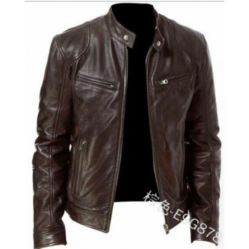 Herren nan schlanke Echtleder-Bikerjacke mit Stehkragen, zwei Brust-Reißverschlusstaschen und geradliniger Silhouette EB