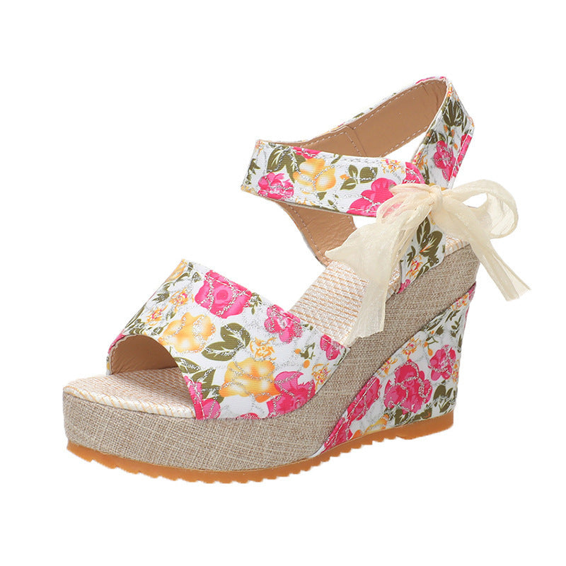 Damen Wedge-Sandalen mit floralem Druck und transparenter Schleifenverzierung EB
