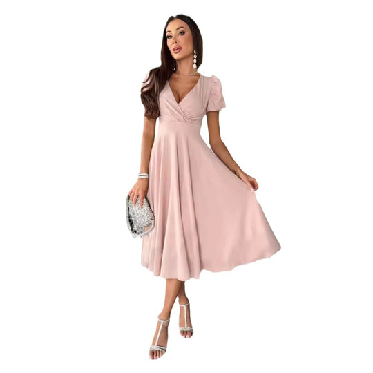 Damen A-Linie Kleid mit Puffärmeln und schmalem V-Ausschnitt EB