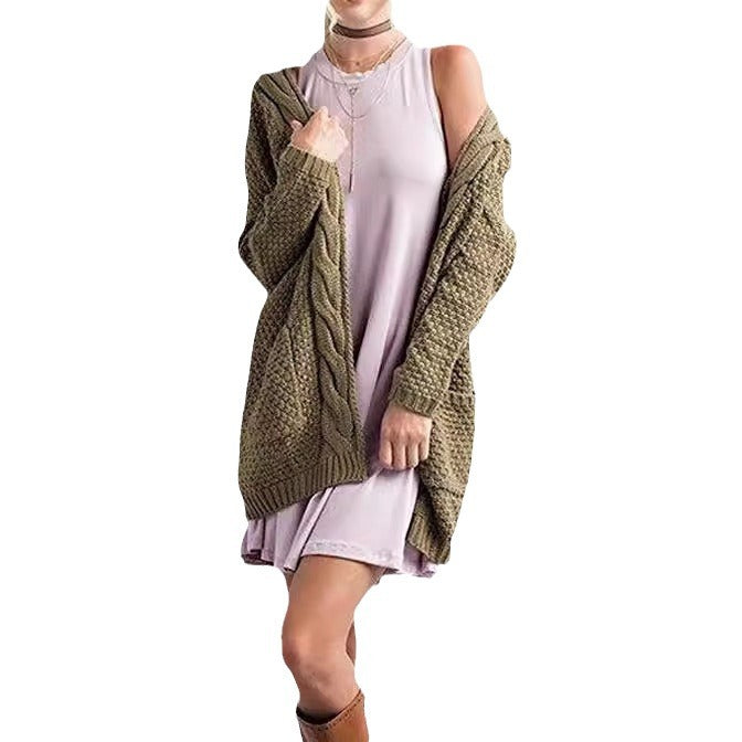 Damen gemütlicher Strickcardigan mit Taschen und Zopfmuster EB