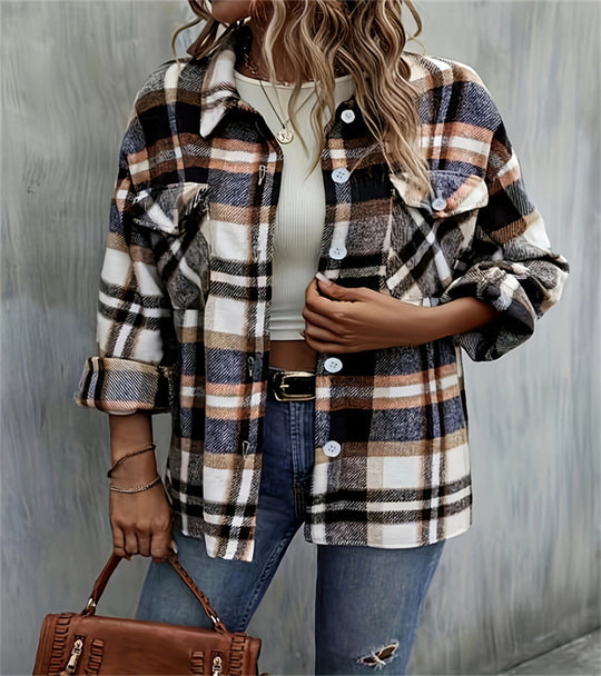 Damen karierte Flanelljacke mit Taschen und geschmackvoller Knopfleiste EB
