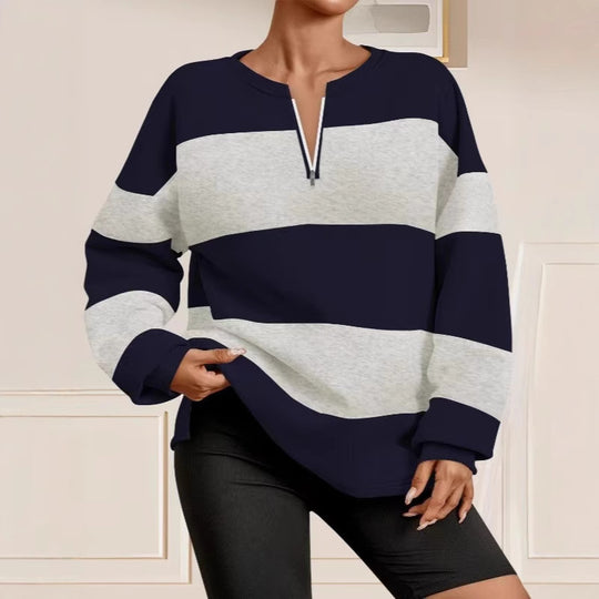 Damen Langarm Sweatshirt mit modernem Reißverschluss und gestreiftem Design EB