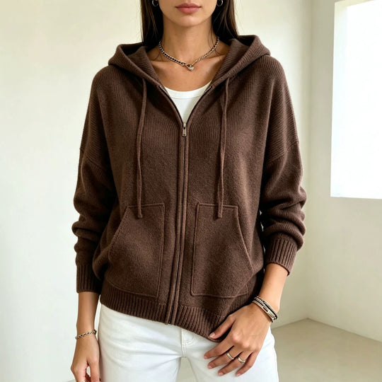 Damen Kapuzen-Wollmix Zip-Cardigan mit kastiger Passform und Kängurutaschen EB