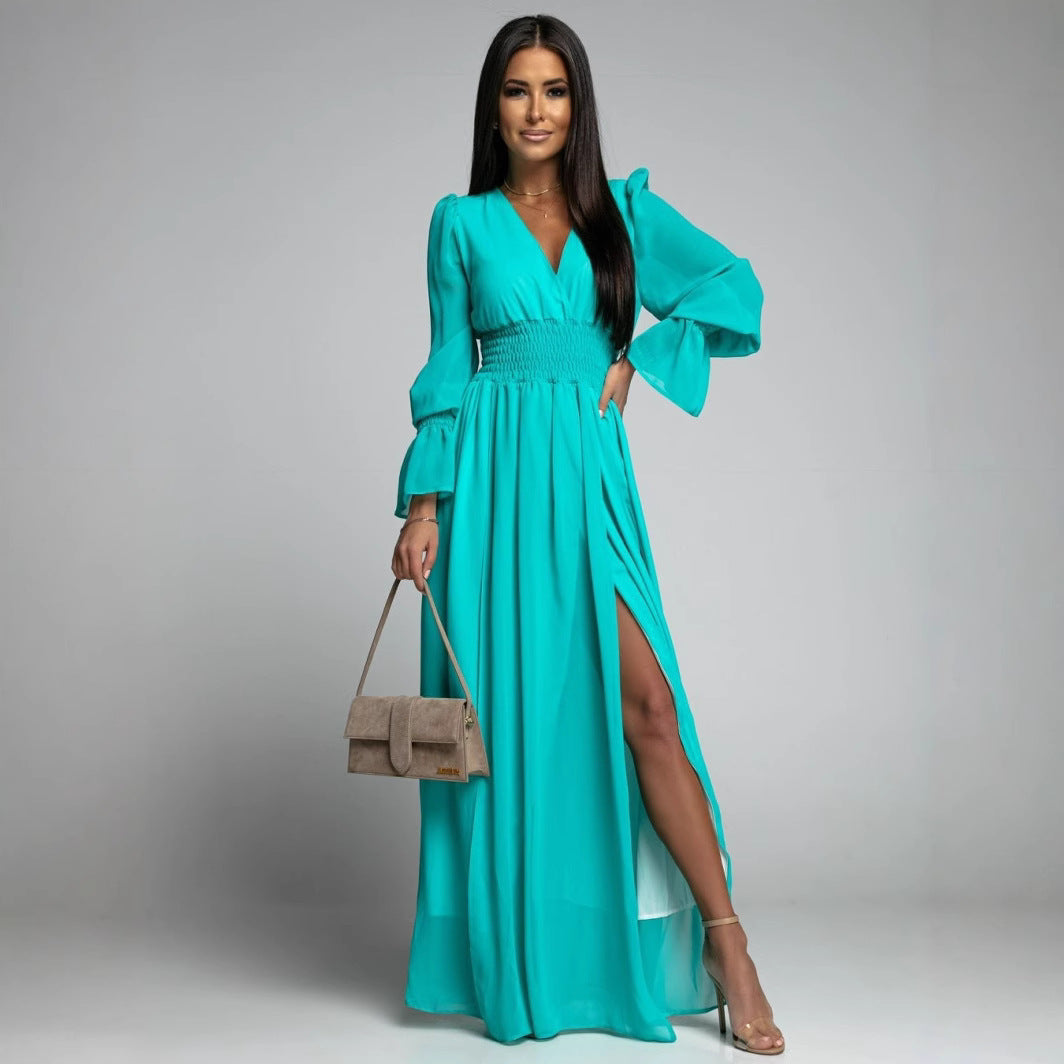 Damen Maxi-Kleid mit tiefem V-Ausschnitt und voluminösen Ärmeln EB