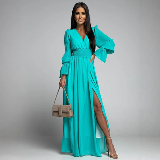 Damen Maxi-Kleid mit tiefem V-Ausschnitt und voluminösen Ärmeln EB