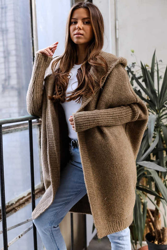 Damen kuschelige Strickjacke mit Kapuze und offenem Schnitt EB