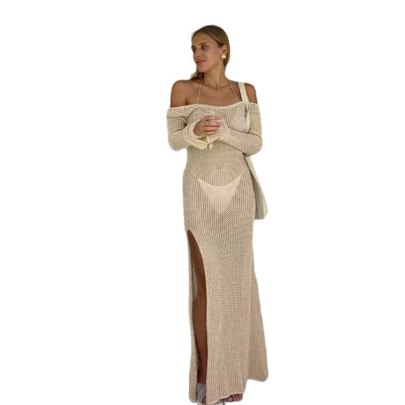 Damen luftiges Häkel-Maxikleid mit schulterfreier Optik und hohem Schlitz EB