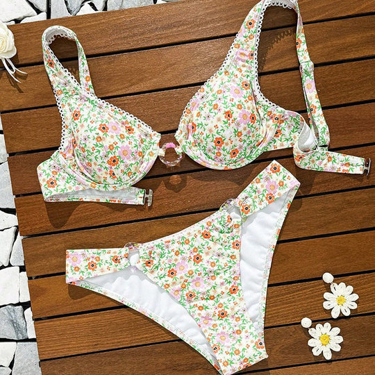Damen Blumenmuster Bikini-Set mit Raffung und Ringdetails EB
