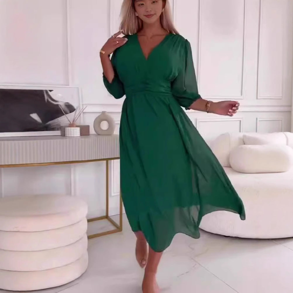 Damen Midikleid mit raffiniertem V-Ausschnitt und Puffärmeln EB