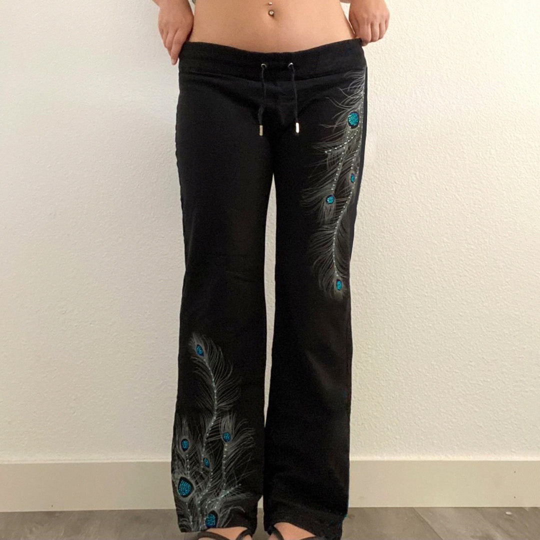 Damen nan weite Loungehose mit Kordelzug, hohem Komfortbund und Pfauenfeder-Print EB