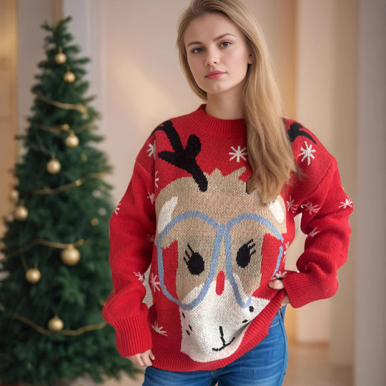 Damen festlicher Pullover mit weihnachtlichem Rentier-Motiv und lockerer Passform EB