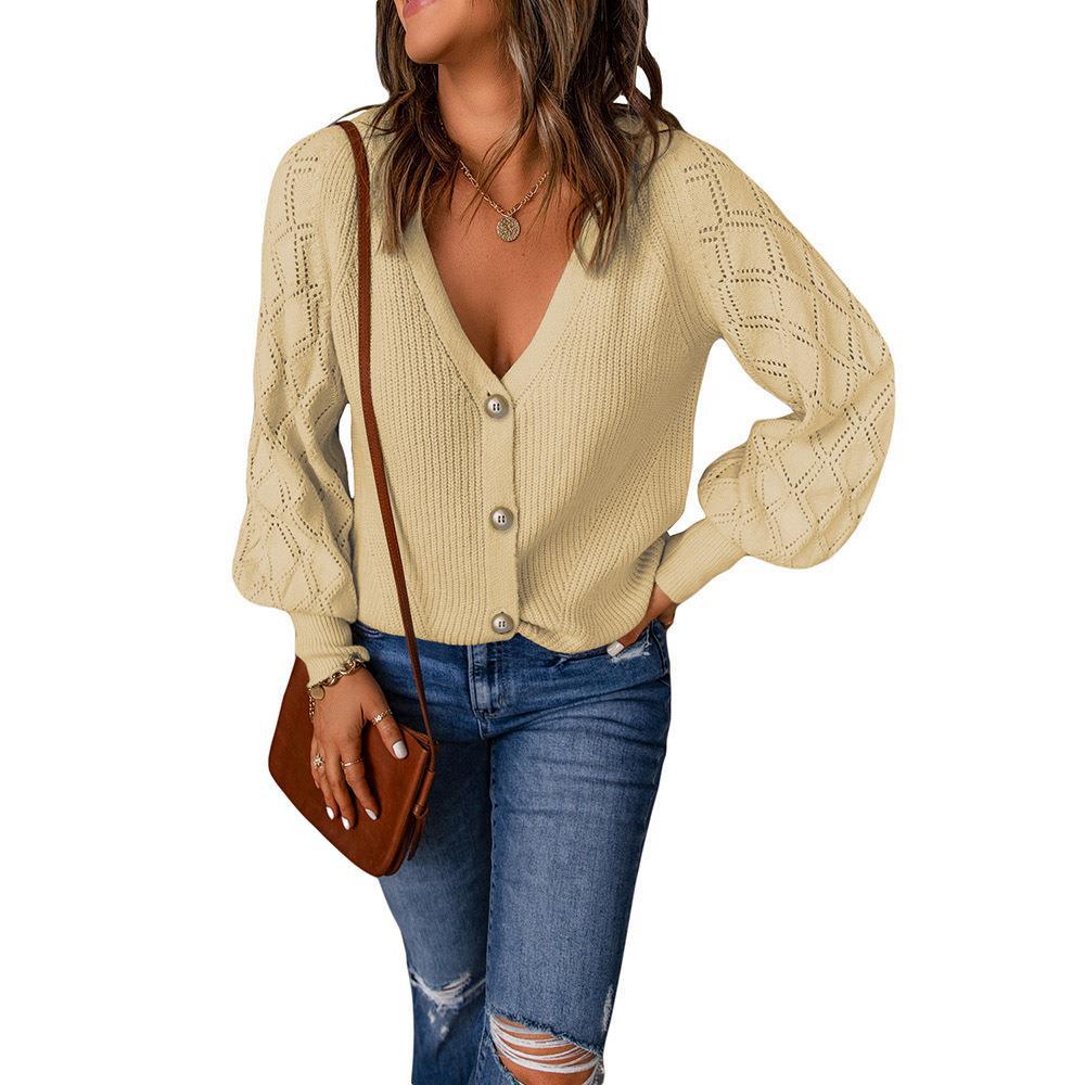 Damen Strickjacke mit V-Ausschnitt und modischen Puffärmeln EB