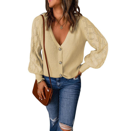 Damen Strickjacke mit V-Ausschnitt und modischen Puffärmeln EB