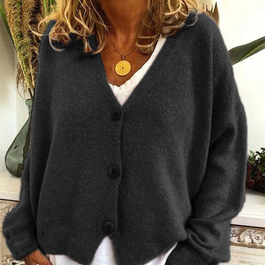 Damen lässiger Strickcardigan mit tiefem V-Ausschnitt und großen Knöpfen EB